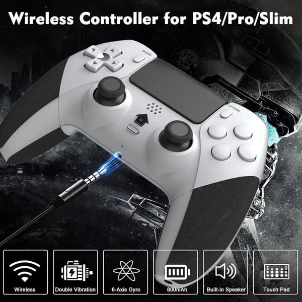 Trådløs controller til PS4, gamingcontroller kompatibel med P4/Pro/Slim, med dobbelt vibration, 6-akset gyrosensor, hvid