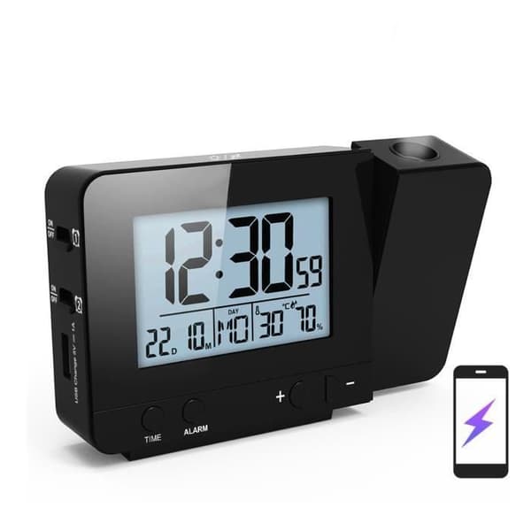 Projektionsvækkeur med termometer/hygrometer, digitalt ur, dæmpbart LED-display, 180° rotation, 12/24-timers tidsvisning, sort