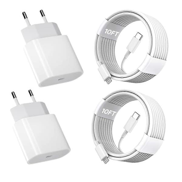 iPhone11 12 13 14 Hurtigoplader, 2-pak 20W iPhone Oplader Hurtig Opladningsblok Adapter med 3m USB-C til Lightning Data Synkroniseringskabel til
