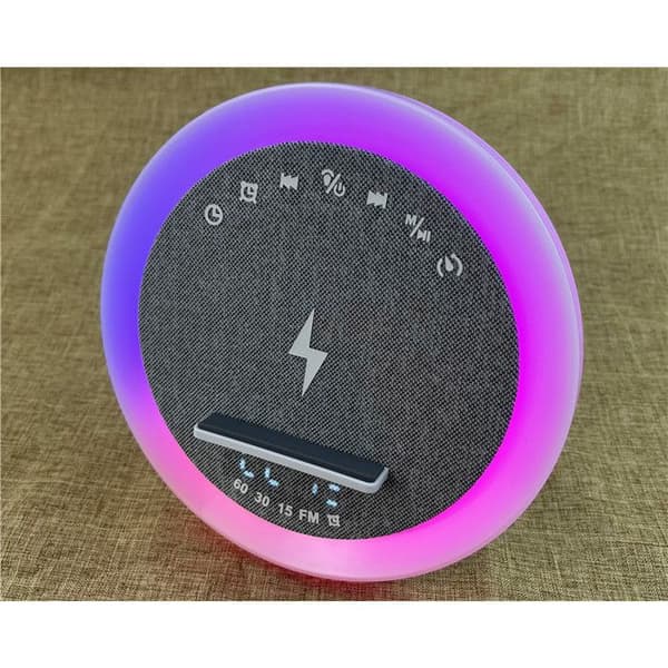 Rund hvid Bluetooth-højttaler med trådløs opladning, timer til hvid støj, vækkeur, kortlæser og mini-encoder