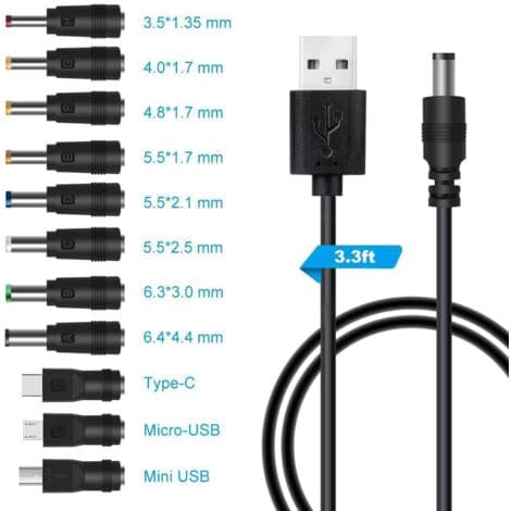 USB til DC 5V-kabel, USB til DC-strømkabel, 11-i-1 DC-strømadapter, 5,5 x 2,1 mm DC-fatning for bærbar PC, ruter, etc. (1m, svart)