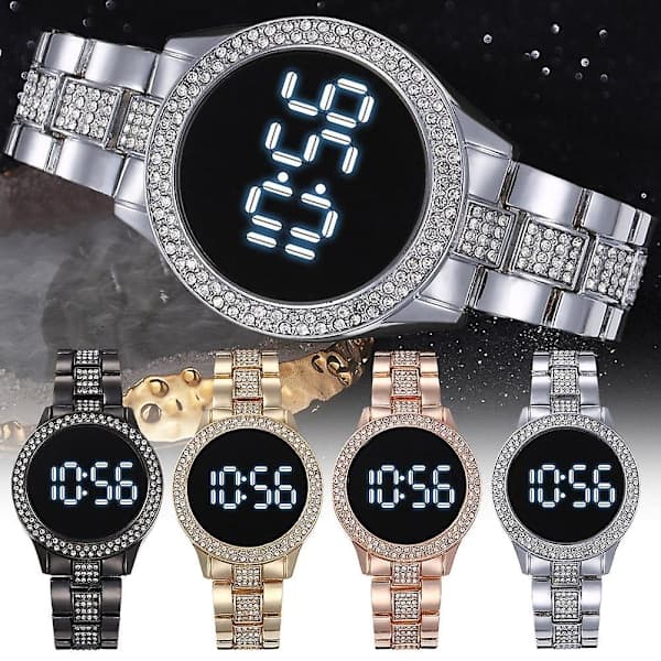 LED-klocka i rostfritt stål, dubbel rad, strass, multifunktionell, magnetiskt spänne, digital klocka Black
