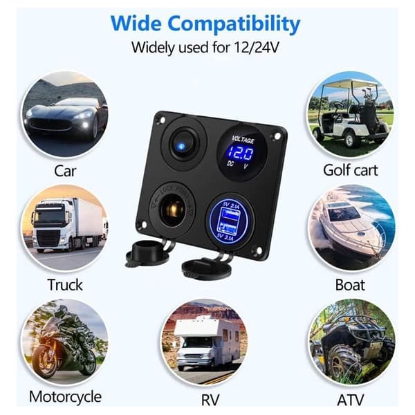 4-i-1 Bilopladerkontaktpanel, Dobbelt USB-opladerfunktion + LED Voltmeter + Tænd/Sluk Vippekontakt + Cigartænderstik til Marinebåde