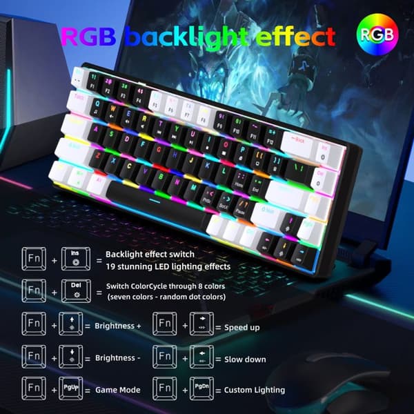 Nytt 68-tangenters svartvitt trådbundet mekaniskt tangentbord med RGB-bakgrundsbelysning, stöder Mac-programmering (Y135)