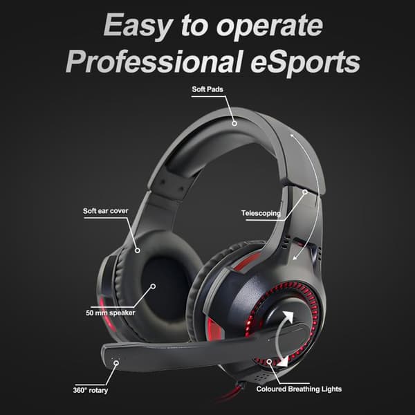 Sort og rødt stereo surround sound headset med 3,5 mm kabelforbindelse + USB og mikrofon, velegnet til bærbare telefoner