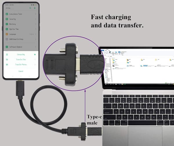 USB Type C 3.1 Panelmonterad adapter USB-C 3.1 10Gbps hane till USB C hona panelmonterad skruvkabel stöder laddning, data, ljud, videokabel (0,3M/1ft)