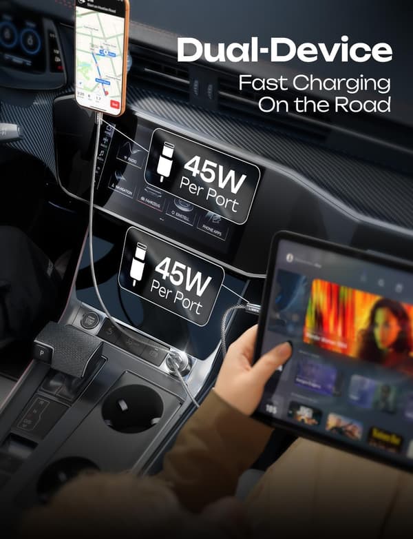 12V USB-adapter för bil 90W USB-C billaddare snabbladdning 2 portar PD PPS