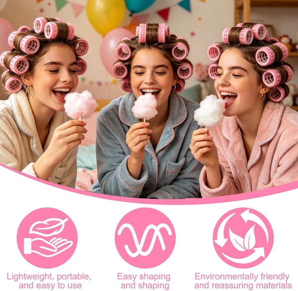 24-pack hårspolar, 12 små 2,5 cm självgreppande spolar, 12 klämmor, rosa
