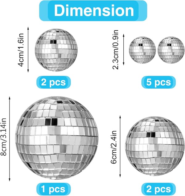 10 st silverfärgade discokulor för tårtdekoration, 4 storlekar