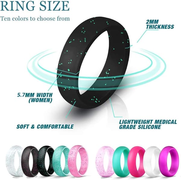 Silikonring för kvinnor, 10-pack glittriga silikonringar som andas, vigselring, förlovningsring