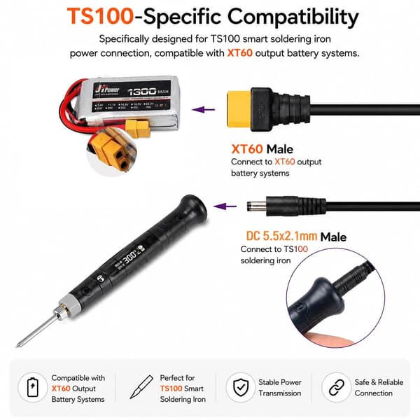 XT60 till DC5525 strömkabel för TS100 smart lödkolv, 30 cm