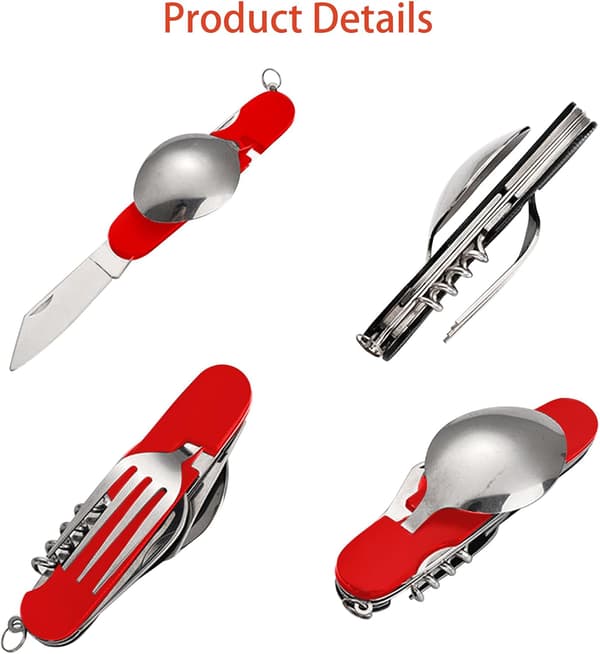 Fällbart campingbestickset i rostfritt stål, bärbart 6-i-1 multiverktyg för utomhusbruk, resor, vandring, picknick (2-pack), svart+röd