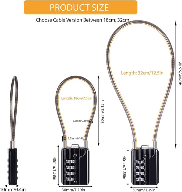 2-pack kombinationshänglås i metall, återställbart 4-siffrigt, extra lång kabel 32 cm
