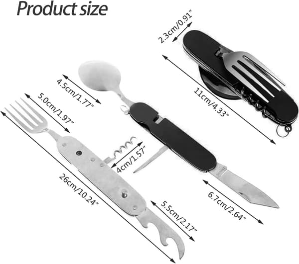 Fällbart campingbestickset i rostfritt stål, bärbart 6-i-1 multiverktyg för utomhusbruk, resor, vandring, picknick (2-pack), svart+röd