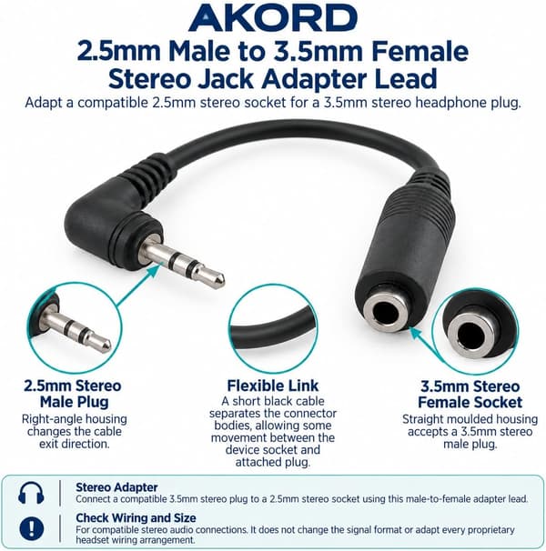 2,5 mm hane till 3,5 mm hona stereojack-adapterkabel