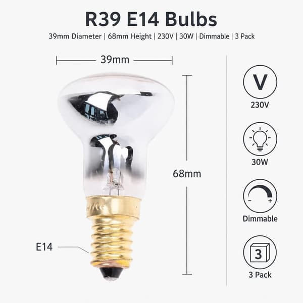 3-pack R39 E14 lavalampor, 30W dimbara reflektorlampor, 230V SES-sockel