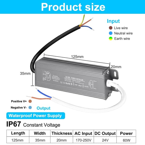 LED-drivdon, 60W 24V belysningstransformator, IP67 vattentät 2,5A