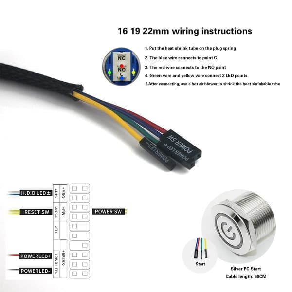 PC Power Reset-strömbrytare Dator Power-knapp Kabel LED-kabeltrådssats för montering i dator (Blå/19mm/60cm)
