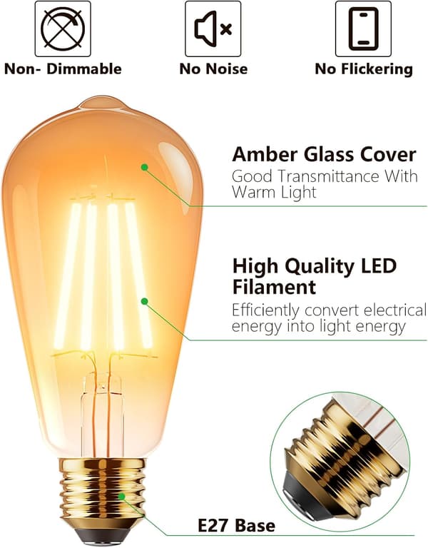 Vanke E27 Vintage-glödlampa, 6W (60W motsvarande), varmvit 2700K, 2-pack