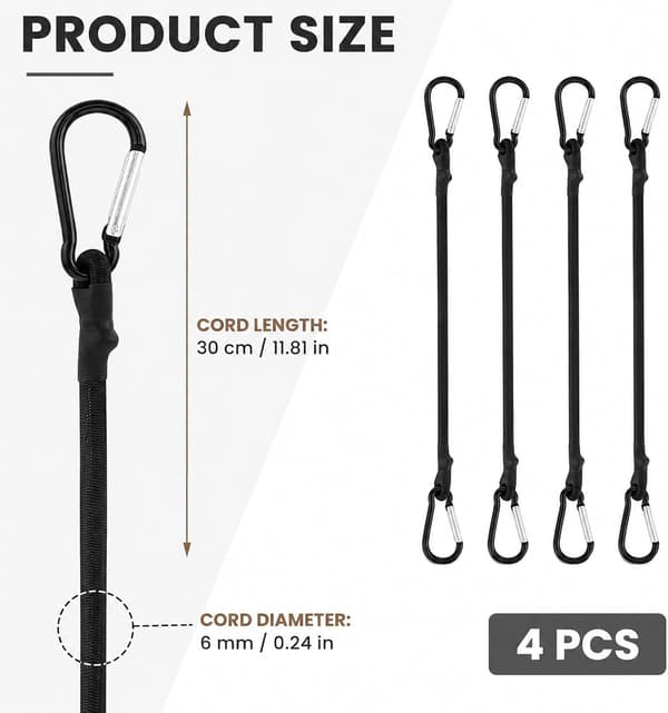 Utomhus gummirep med karbinhake, 6 mm spännband, 4-pack