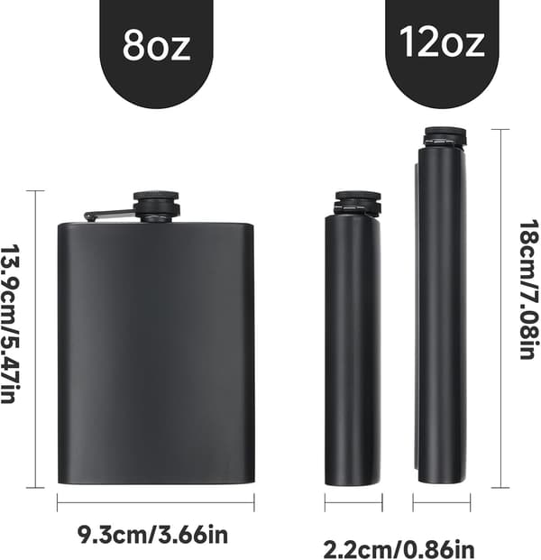 2-pack höftflaskor för sprit, 8 oz & 12 oz, läckagesäkra tunna flaskor i rostfritt stål med tratt för män & kvinnor (matt svart)