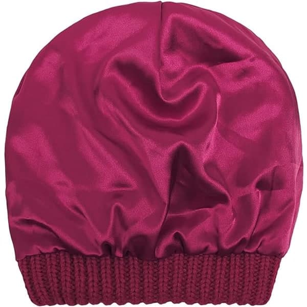 Varm stickad vintermössa med satin foder, kabelstickad beanie, tjock slouchy skull cap för kvinnor Wine Red