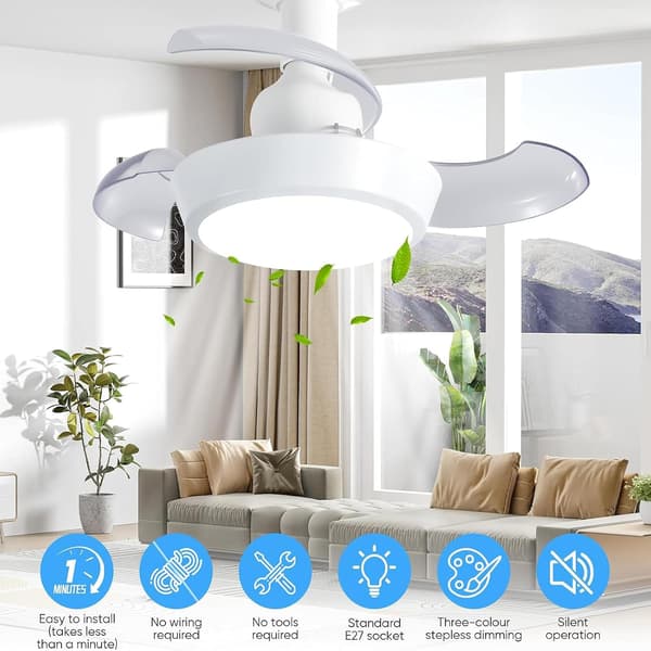 E27 Fläkt, Infällbara Blad, 3 LED-toner, Tyst (Vit) | 1H/2H/4H Timerfunktion, Timer och Fjärrkontroll, Tyst Drift för Sovrum [Energ