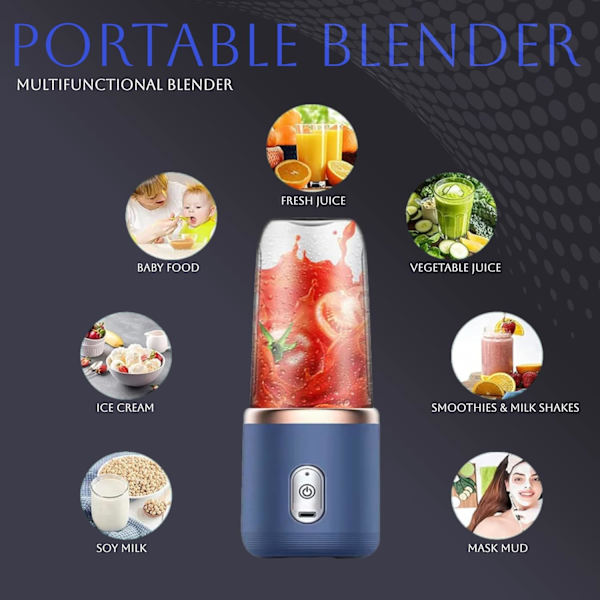 Portabel Blender 414 ml för Juice och Smoothies med 6 Blad, USB Uppladdningsbar Fusion Blender, BPA-Fri och Miljövänliga Material Blue