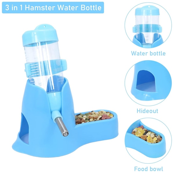 3-i-1 Hängande Vattenflaska för Hamster, Automatisk Husdjursdispenser med Bas för Dvärghamster Mus Råtta Igelkott (80ML, Blå)