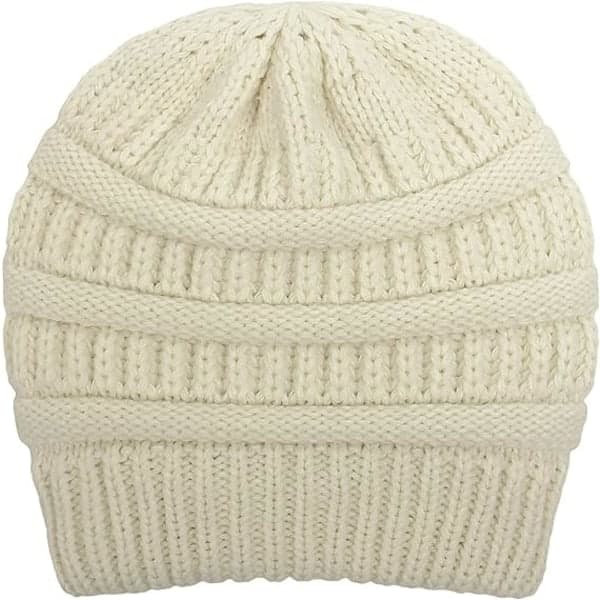 Varm stickad vintermössa med satin foder, kabelstickad beanie, tjock slouchy skull cap för kvinnor Beige