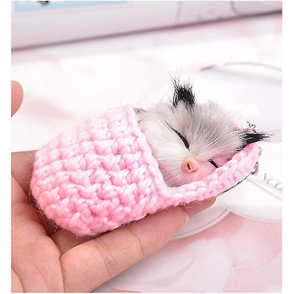 Söt sovande Pom Pom katt nyckelring handgjord vävd fluffig bilnyckelring