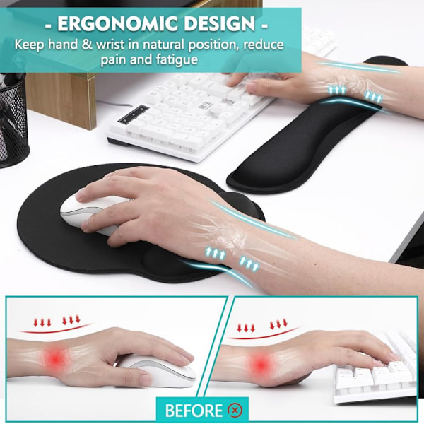 Musmatta, Ergonomisk musmatta och tangentbords handledsstöd set för dator laptop, halkfri gummibas memory foam handledsstöd set