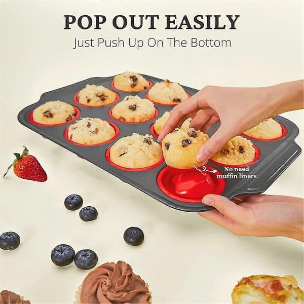 Silikon Muffinsform med Metallramme, Egg Bite Maker Silikonformer for Baking, Cupcake Former 12 Vanlig Størrelse Rød