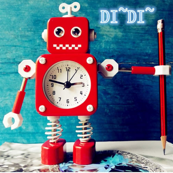 Robot Väckarklocka, Icke-Tickande Väckarklocka med Blinkande Ögon och Roterande Arm, Röd Red