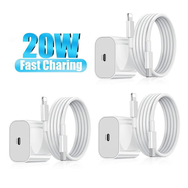 3-pack - Laddare för iPhone Adapter+Kabel 20W USB-C Snabbladdare Vit one size