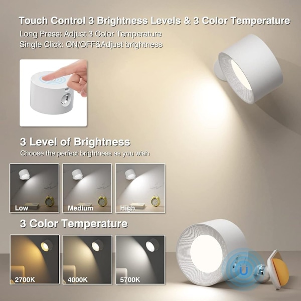 LED Läslampor, Väggmonterade Lampetter med 3 Färgtemperaturer 3 Ljusstyrkenivåer Uppladdningsbart Batteri Magnetisk Kula 360°Rotation Touchkontroll white