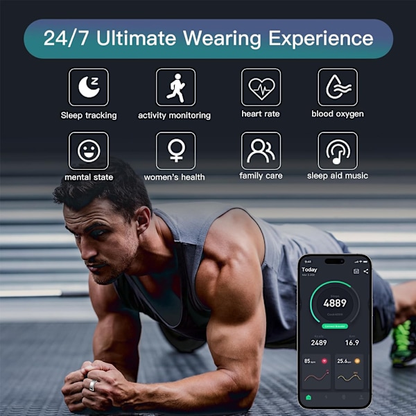 Smart Ring Hälsomätare för Kvinnor och Män, Kalorier, Syre, Puls och Sömnkvalitetsmätare, Ingen Prenumeration, Kompatibel med iOS och Android Silver size 8