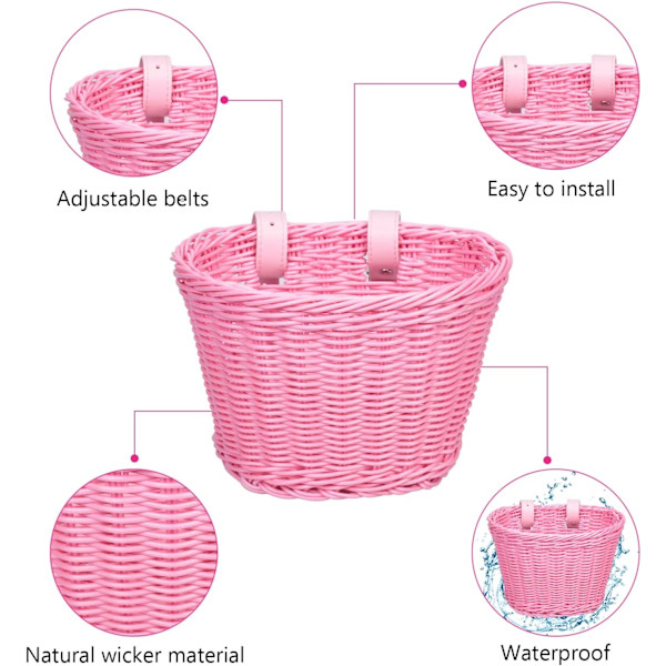 Barncykelkorg Set Flickcykelkorg Handvävda Cykelkorgar för Barn Barncykelkorgar med Extra Läderremmar och Klocka Lätt pink