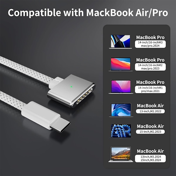 USB-C till MagSafe 3-kabel för MacBook Pro och Air Nylon 2m 140W Silver