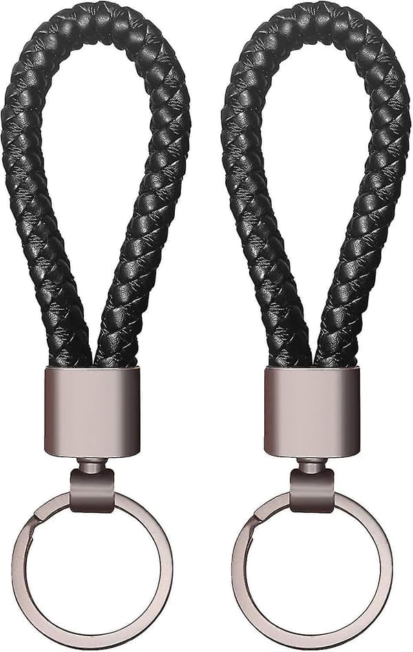 Grovt läderrep med flätade nyckelringar, unisex, 2-pack, svart