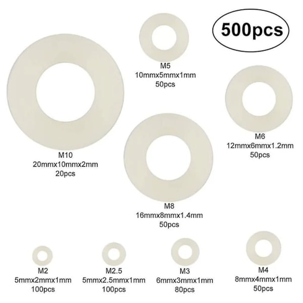 500 st Plastbrickor Nylon Plattbrickor M2/M2.5/M3/M4/M5/M6/M8/M10 Vita Tätningsbrickor för Industriella Fästelement null none