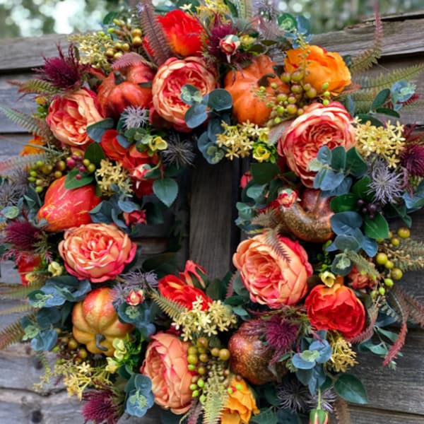 Ny høstkrans med peoner og gresskar, høstpeon Halloween-gresskarkrans 40cm White Pumpkin Maple Leaf Wreath