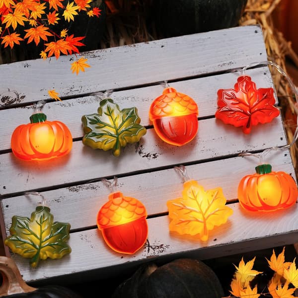 Lysslynge med lønneblader, gresskar og eikenøtter, batteridrevet for Thanksgiving-dekorasjon, 20 LED, 3 meter lengde - Innebygd timer (6 timer på/18 timer av), ideell for dekorasjon