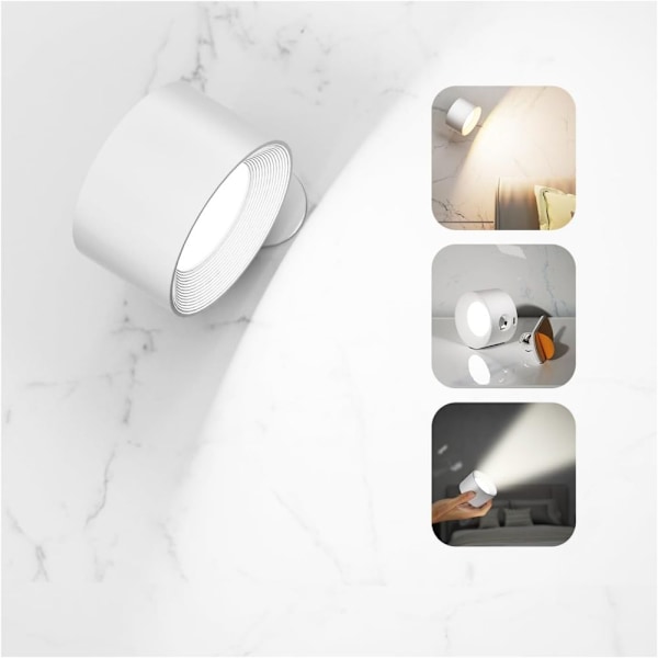 LED Läslampor, Väggmonterade Lampetter med 3 Färgtemperaturer 3 Ljusstyrkenivåer Uppladdningsbart Batteri Magnetisk Kula 360°Rotation Touchkontroll white
