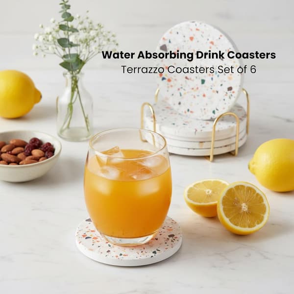Terrazzo absorberende coasters, sett med 6 stativer, keramiske coasters, dekorasjoner til kaffebord, absorberende stein coasters.