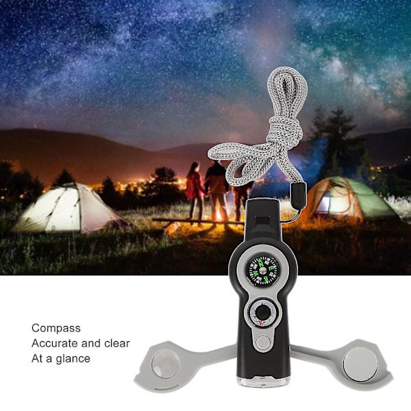 7 i 1 Nödöverlevnadsvisselpipa LED-lampa Termometer Kompass Multifunktionsvisselpipa för Vandring Klättring Gray White