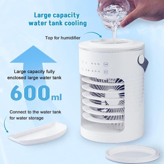 Vand- eller isluftkøler med køleelementer - 3 hastigheder og fordampningskøling - LED-belysning i 7 farver - 2-8 timers timer - med luftfugter
