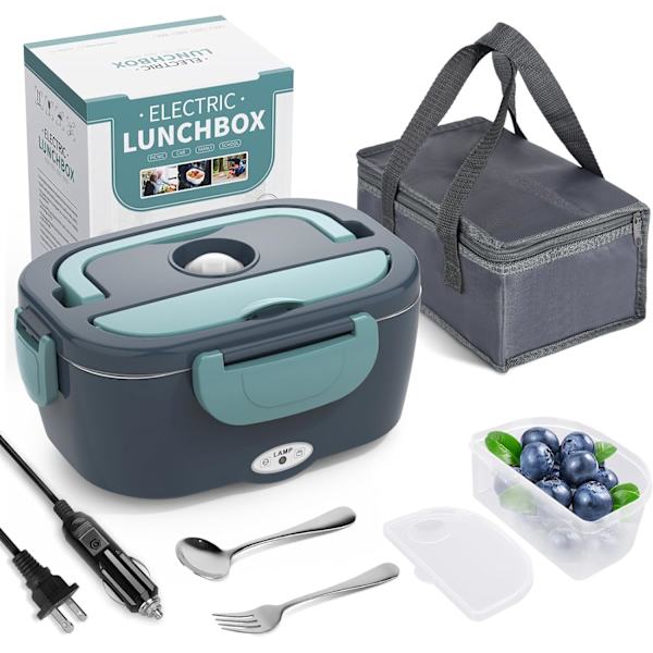 Elektrisk lunchlåda matvärmare, 3-i-1 uppvärmd lunchlåda för vuxna, 12V/24V/110V bärbar matvärmare med gaffelsked och isolerad bärväska