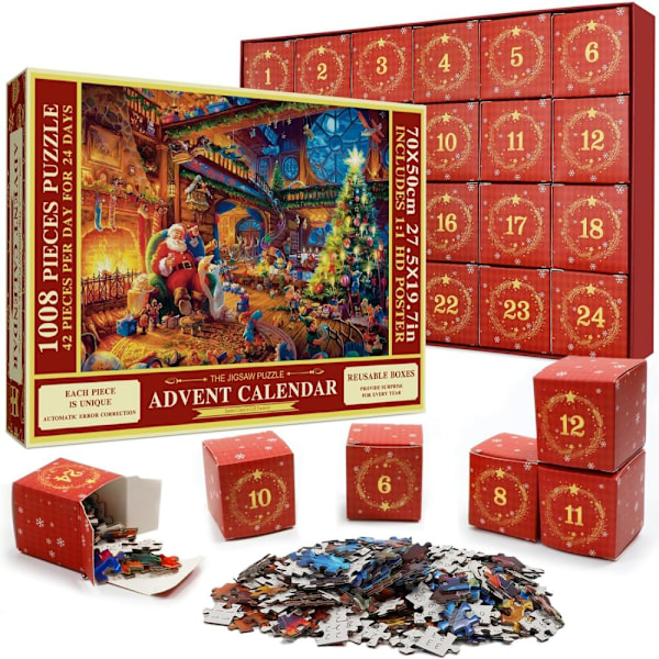 Adventskalender 2025 Pussel 1008 Bitar Pussel 24 Dagar Julnedräkningskalendrar för Barn Vuxna B
