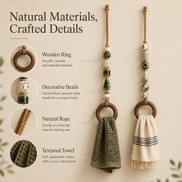 Dekorativ Perle Håndklædeholder med Træring Håndklædeholder til Badeværelse Køkken, Boho Bondegårds Vægdekoration